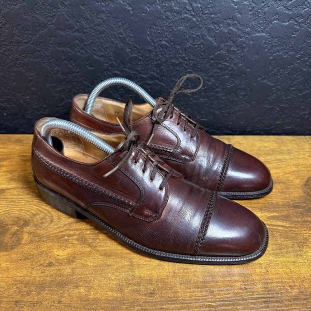 Johnston & Murphy 3670 Brown Leather Braided Cap‎ Toe Derby Shoes Mens 7.5M